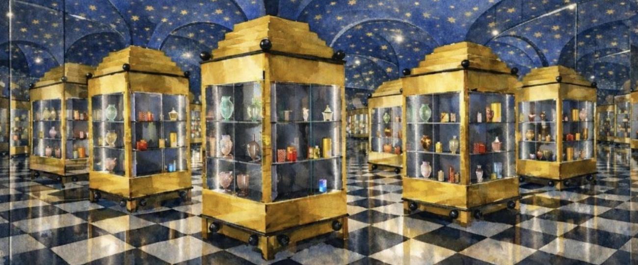 A gallery featuring illuminated golden display cases arranged across a reflective black-and-white checkered floor beneath a vaulted blue ceiling filled with stars. The cases contain colorful decorative objects, creating a museum atmosphere.