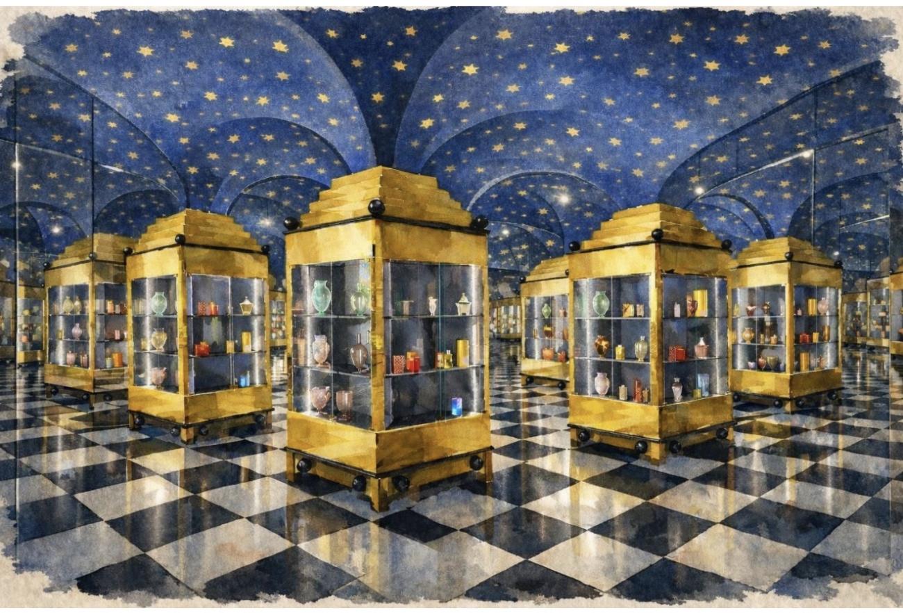 Color rendering of an ornate gallery with gold-framed glass display cases, a black-and-white checkered floor, and a star-filled blue vaulted ceiling, viewed in one-point perspective.